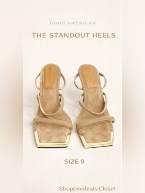 Good American The Standout Square Toe Strappy Sandals Beige Suede Size 9
